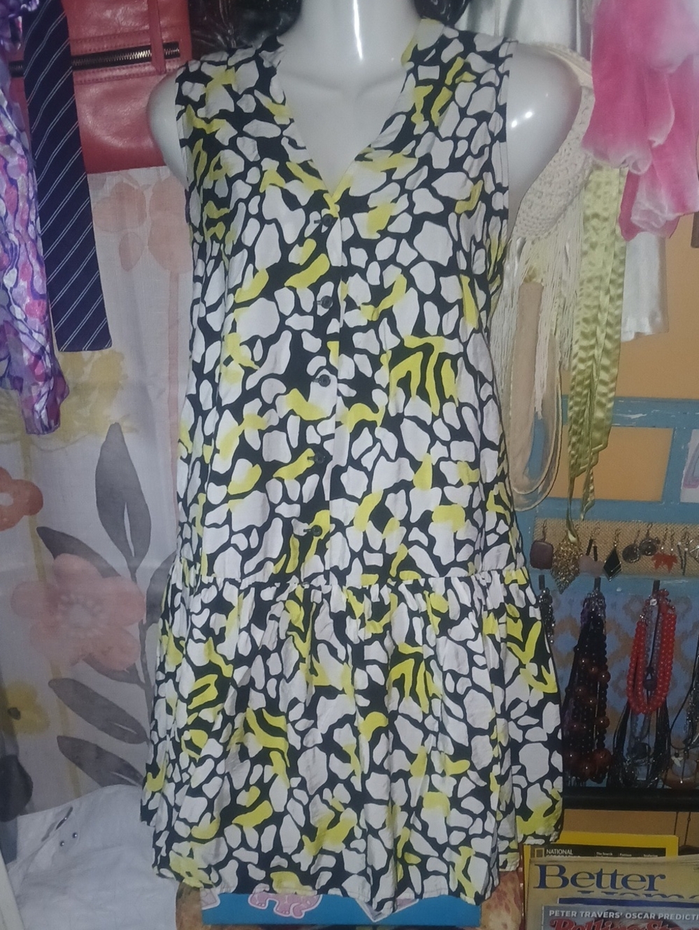 Nine West Neon Yellow Black & White Sleeveless Printed Tiered Mini Dress Medium